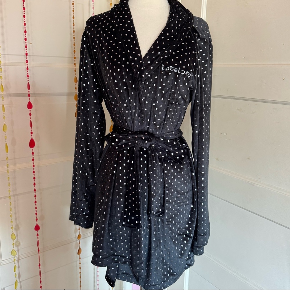 bebe Black Velour Metallic Polka Dot Robe L NWT Y2K McBling